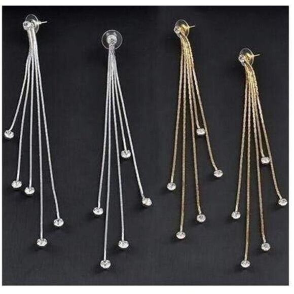 Women's Linear Long Tassels Diamante Rhinestone Dangle Party Eardrop Earrings - Picture 2 of 7